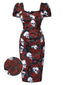 Robe crayon rouge col carré avec tête de mort roses des années 1960