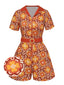 Combishort à revers fleurie orange des années 1960