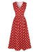 Robe rouge à fleurs des années 40, sans manches, col en V