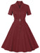 Robe à ceinture à revers unie rouge vin des années 1950