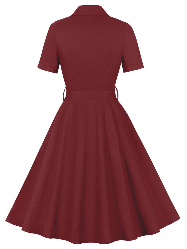 Robe à ceinture à revers unie rouge vin des années 1950