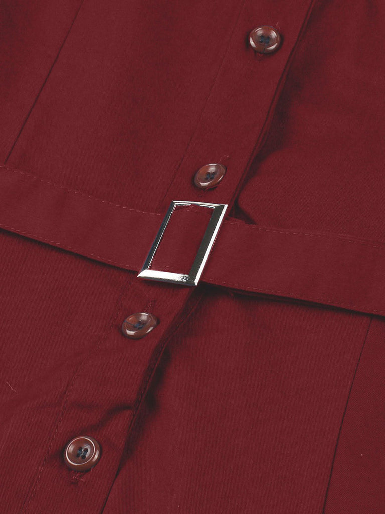 Robe à ceinture à revers unie rouge vin des années 1950