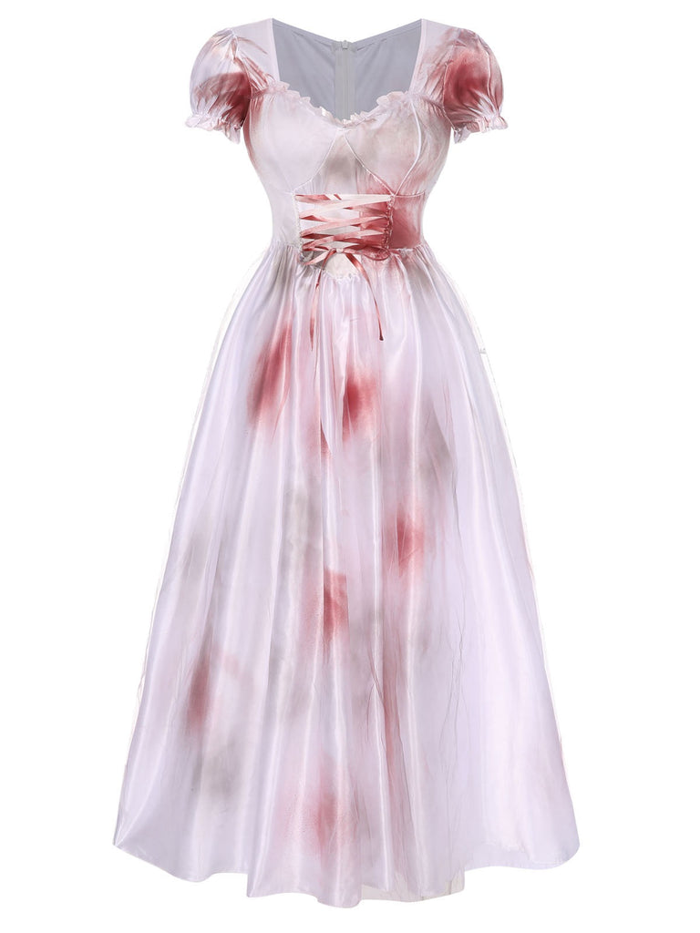 Robe blanche à lacets avec taches de sang pour Halloween des années 1940
