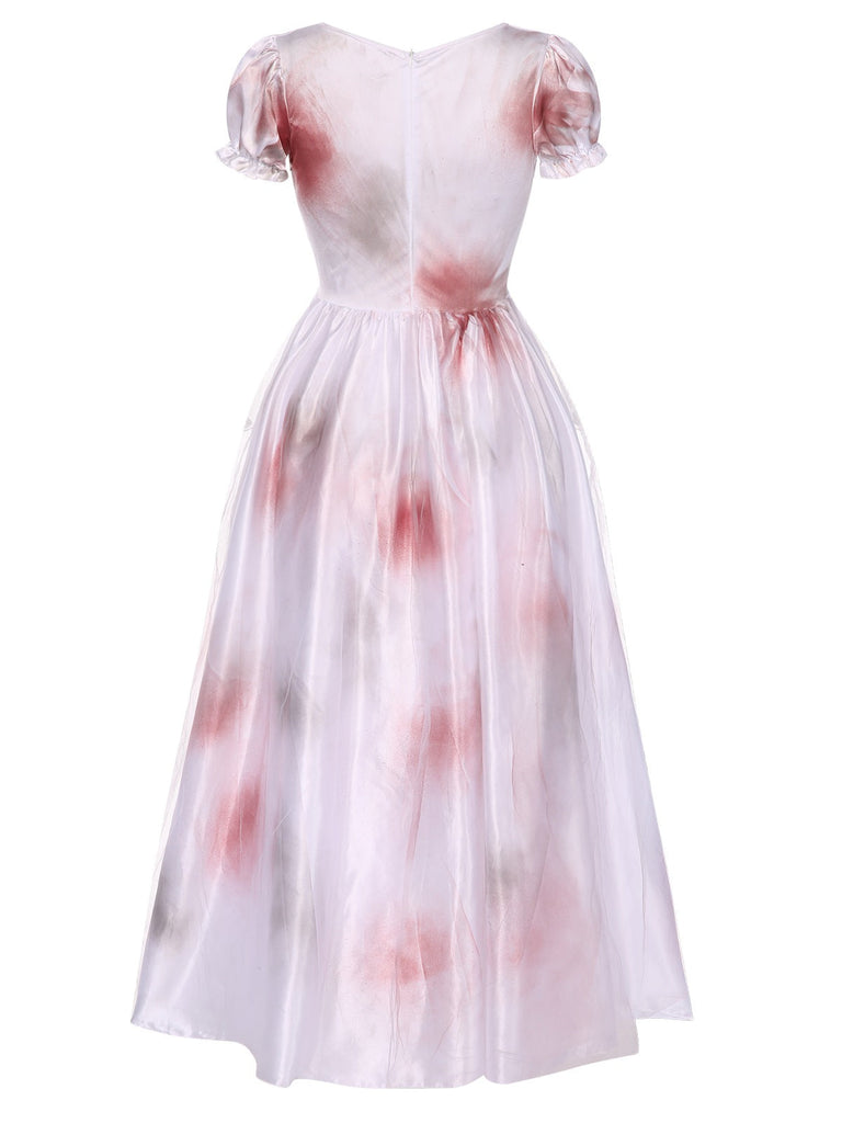 Robe blanche à lacets avec taches de sang pour Halloween des années 1940