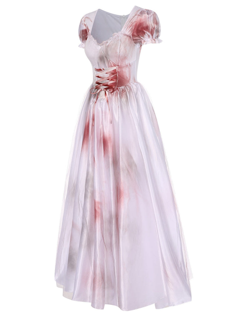 Robe blanche à lacets avec taches de sang pour Halloween des années 1940