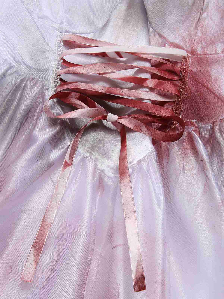 Robe blanche à lacets avec taches de sang pour Halloween des années 1940
