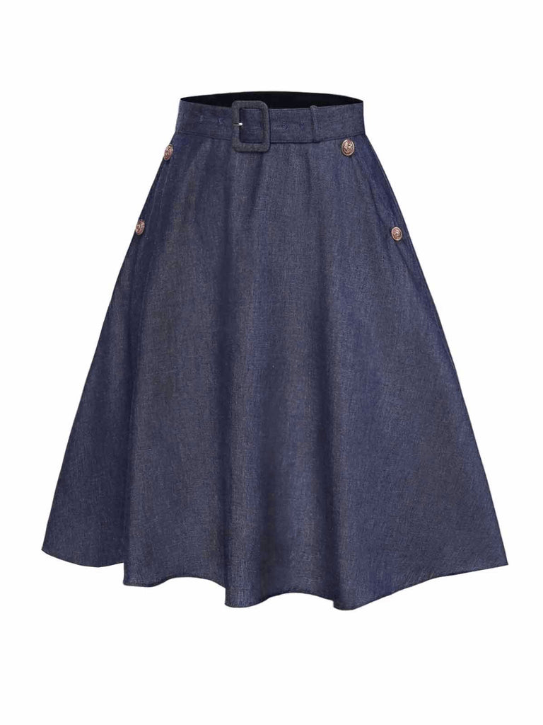 Jupe boutonnée bleue unie des années 40 avec ceinture