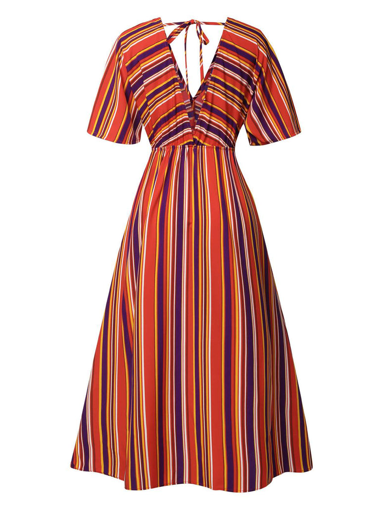 Robe à col en V à rayures bayadère multicolores des années 1940