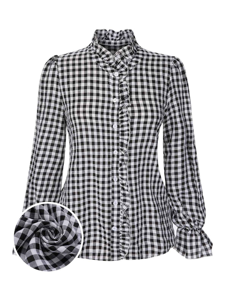 Belle Poque Chemisier Vintage à Carreaux - Manches Courtes Plissées Col Rond Pour Femme