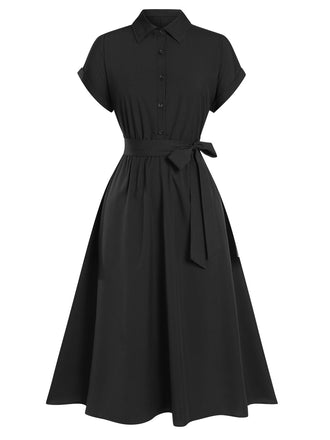 Robe chemise boutonnée manches courtes noir des années 1950