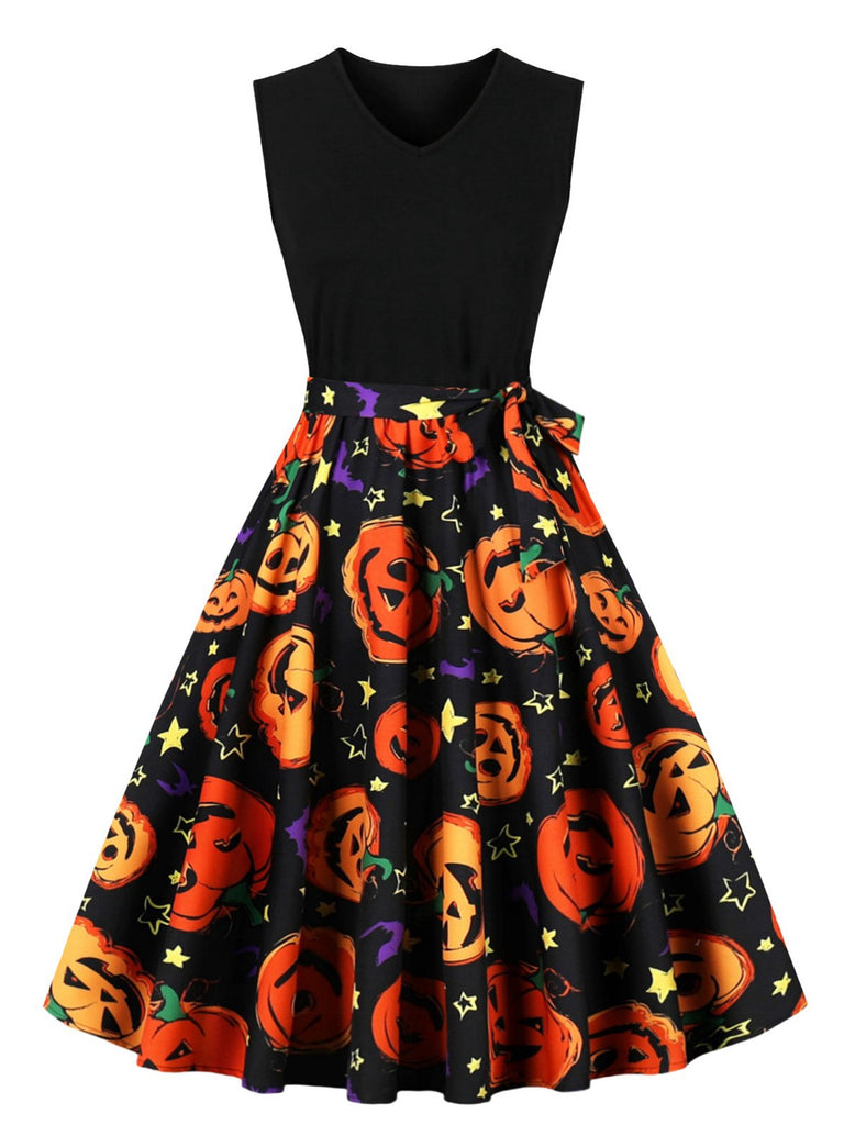 Robe trapèze à ceinture patchwork Halloween des années 1950