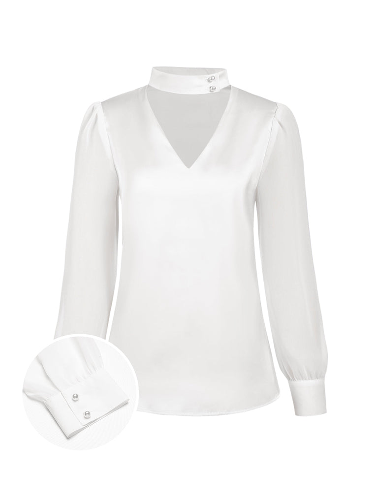 Chemisier vert manches bouffantes col rond en satin années 40