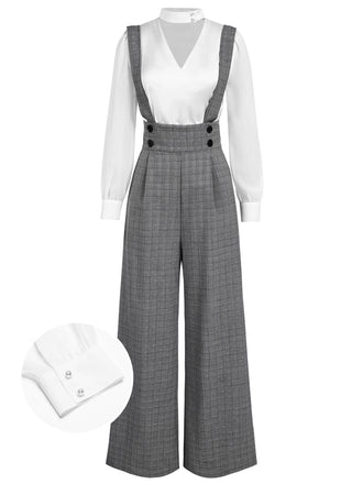 Chemisier manches bouffantes satin et pantalon bretelles à carreaux années 1940
