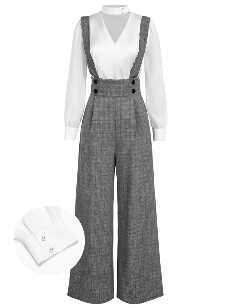 Chemisier à manches bouffantes satin et pantalon bretelles carreaux vert années 1940
