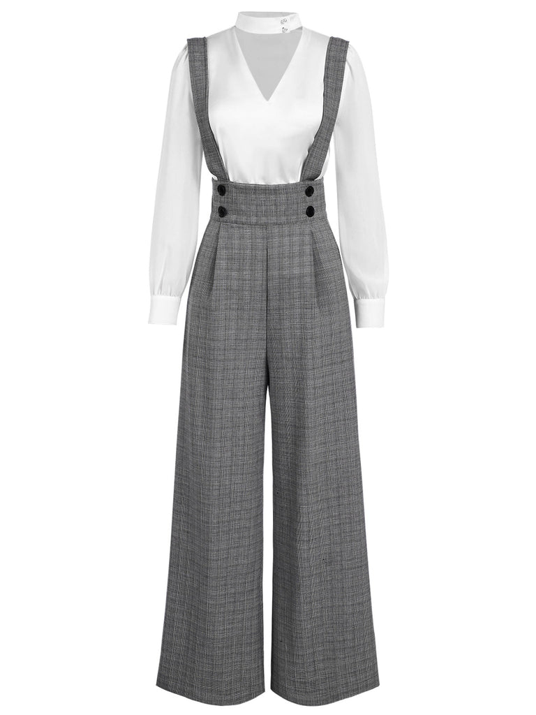 Chemisier à manches bouffantes satin et pantalon bretelles carreaux vert années 1940