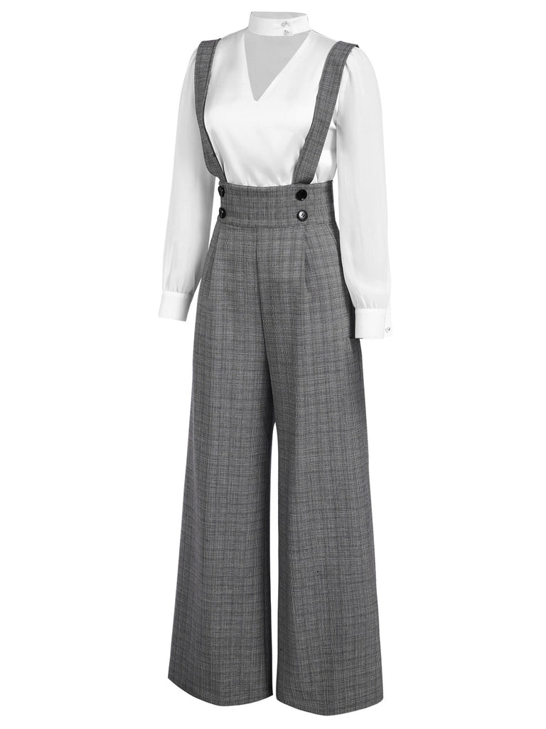 Chemisier à manches bouffantes satin et pantalon bretelles carreaux vert années 1940