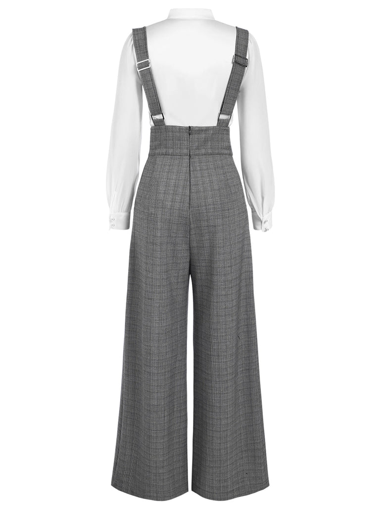 Chemisier à manches bouffantes satin et pantalon bretelles carreaux vert années 1940