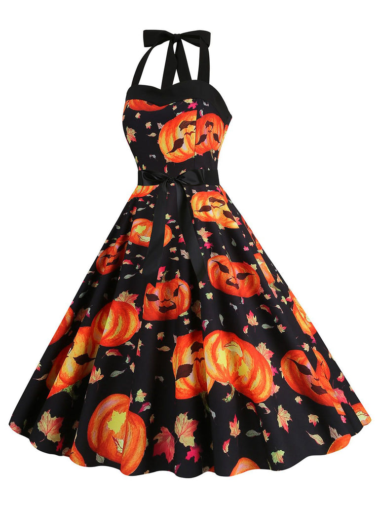 Robe dos nu à motif de citrouille pour Halloween des années 1950