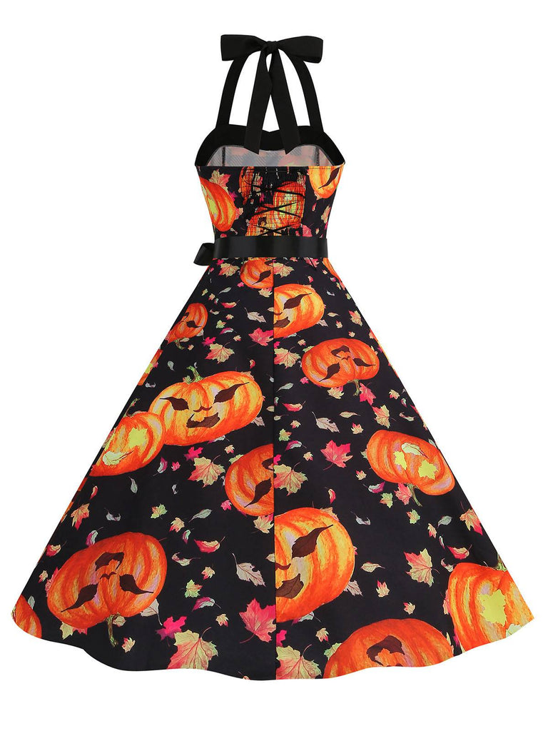 Robe dos nu à motif de citrouille pour Halloween des années 1950
