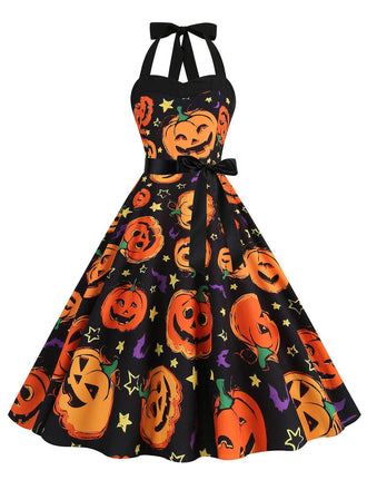Robe dos nu à motif de citrouille pour Halloween des années 1950