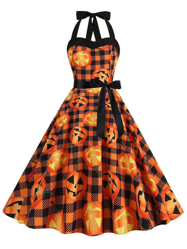Robe dos nu à motif de citrouille pour Halloween des années 1950