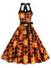Robe dos nu à motif de citrouille pour Halloween des années 1950