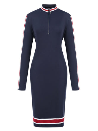 Robe à manches longues zippée à rayures bleu foncé des années 1960