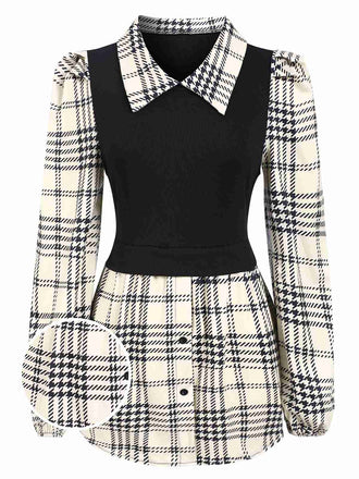 Chemise longueur hanches patchwork à carreaux beige et noir des années 1930