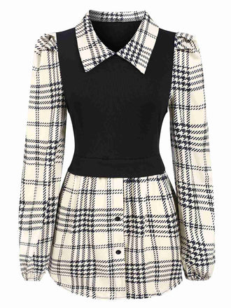 Chemise longueur hanches patchwork à carreaux beige et noir des années 1930