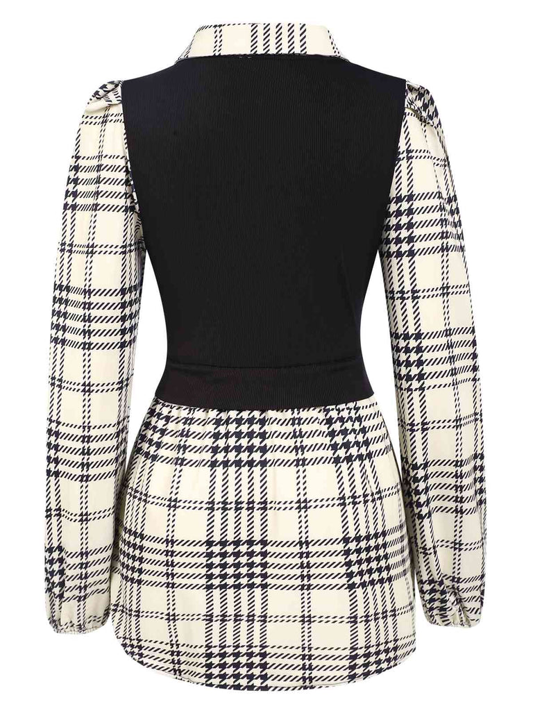 Chemise longueur hanches patchwork à carreaux beige et noir des années 1930