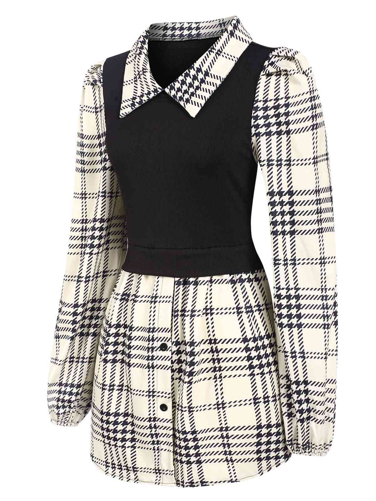 Chemise longueur hanches patchwork à carreaux beige et noir des années 1930