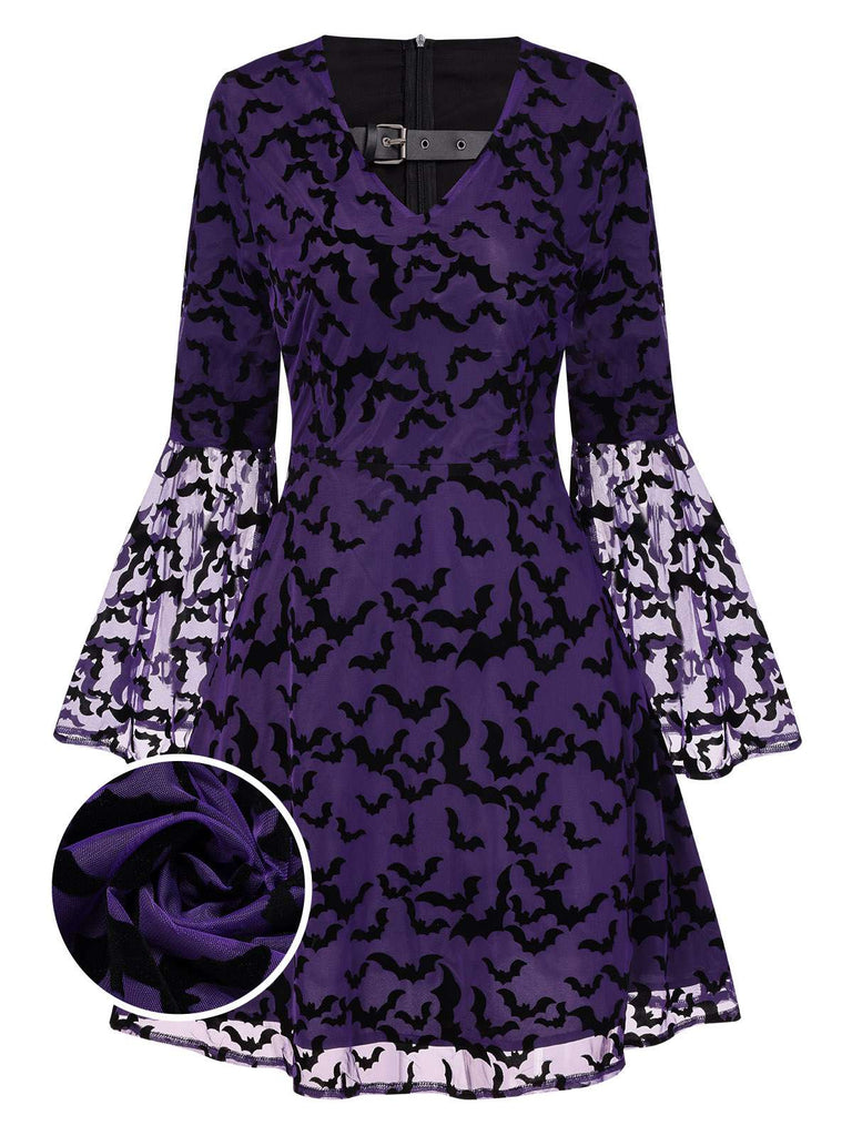 Robe violette à manches volants maille chauve-souris des années 1960