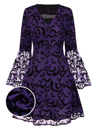 Robe violette à manches volants maille chauve-souris des années 1960