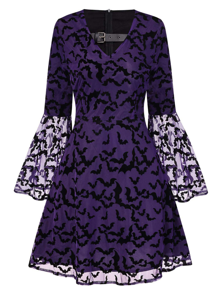 Robe violette à manches volants maille chauve-souris des années 1960