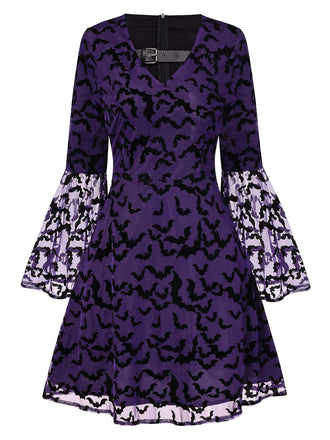 Robe violette à manches volants maille chauve-souris des années 1960