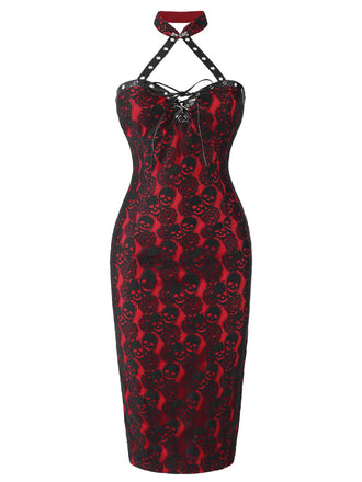 Robe crayon rouge gothique col licou avec tête de mort années 1970