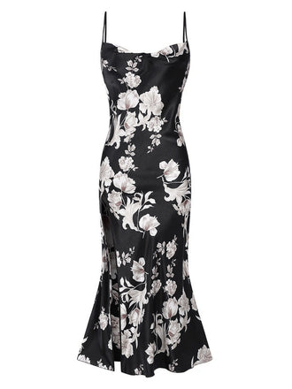 Chemise de nuit noire à bretelles en faux satin fleuri des années 1930