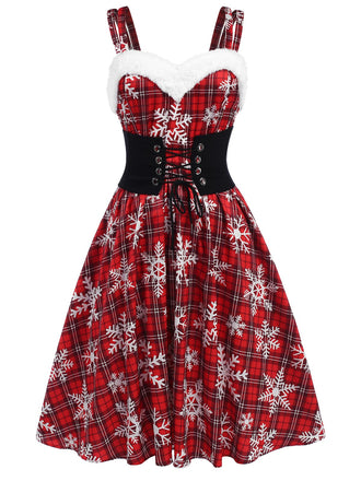 Robe rouge à carreaux bordure en peluche flocon de neige des années 1950