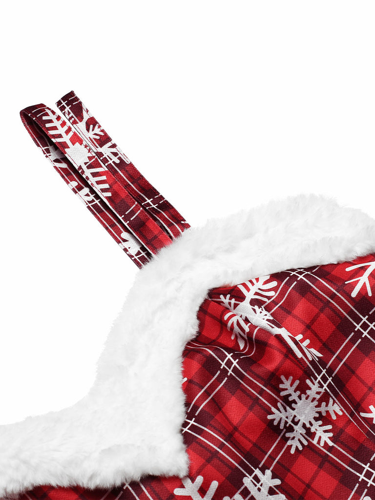 Robe rouge à carreaux bordure en peluche flocon de neige des années 1950