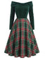 Robe de Noël verte à épaules dénudées en tartan des années 1950