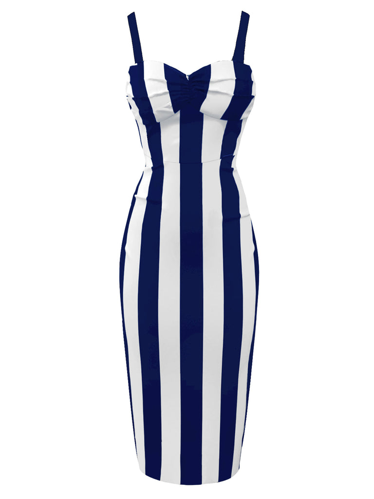 [Prévente] Robe crayon bleue à bretelles à rayures verticales des années 1960