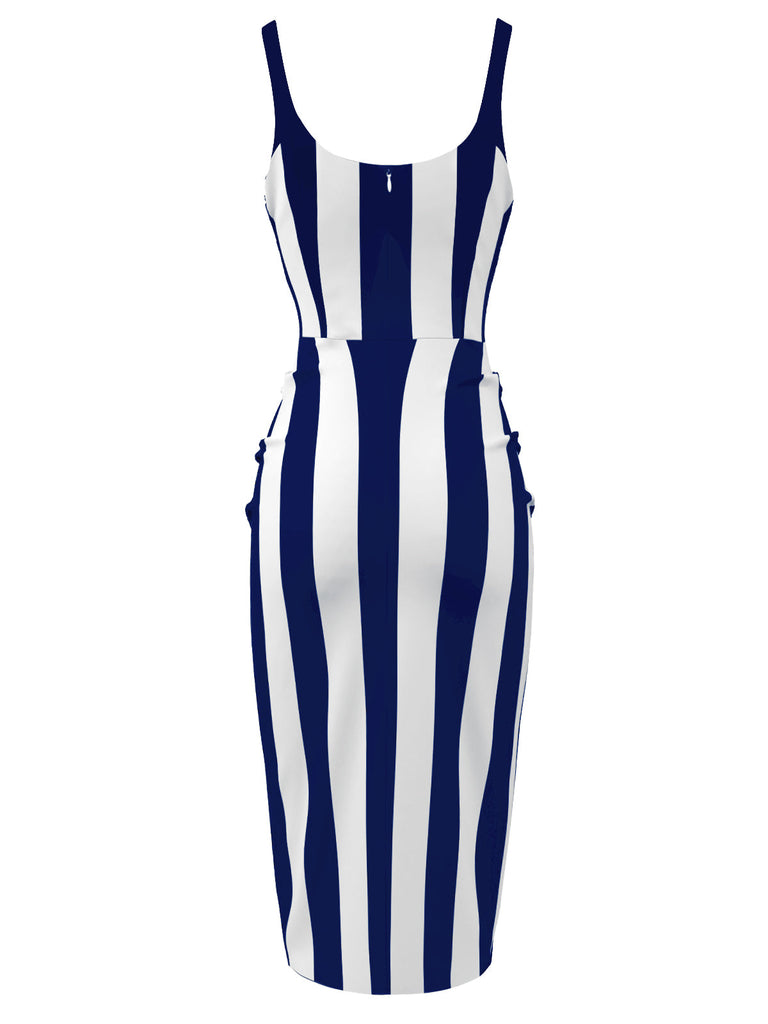 [Prévente] Robe crayon bleue à bretelles à rayures verticales des années 1960