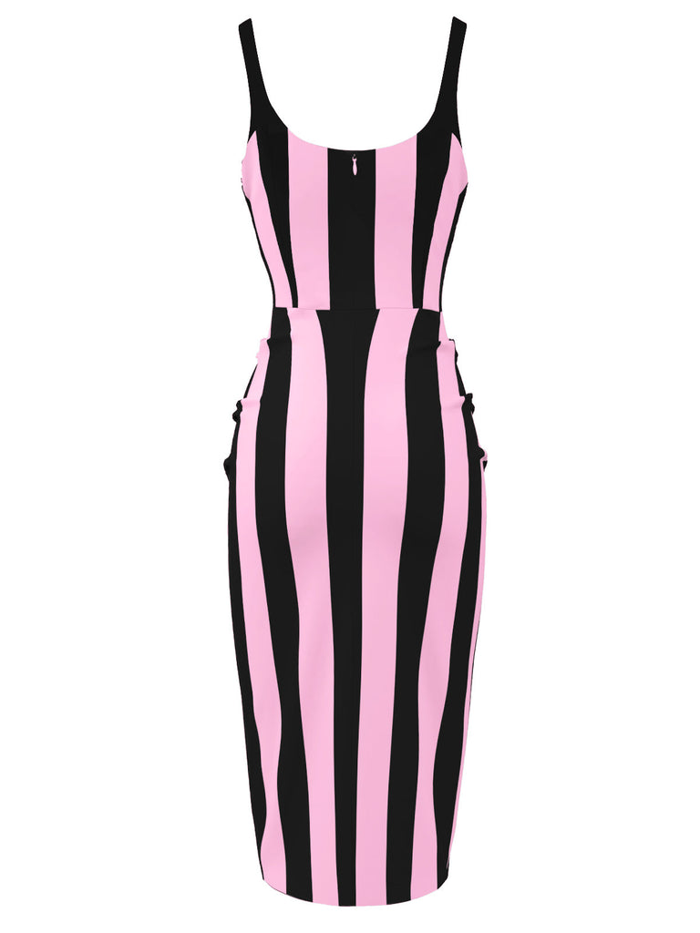 [Prévente] Robe crayon rose et noire à bretelles à rayures verticales des années 1960