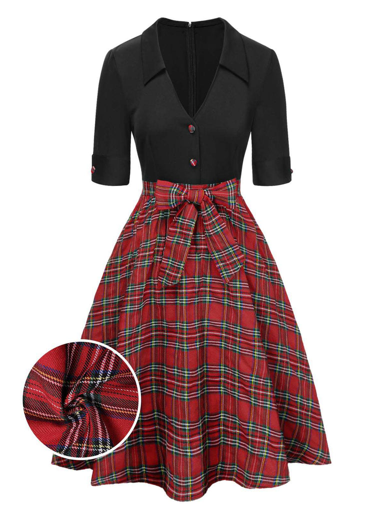 [Prévente] Robe noire à revers patchwork à carreaux nœud papillon des années 1940