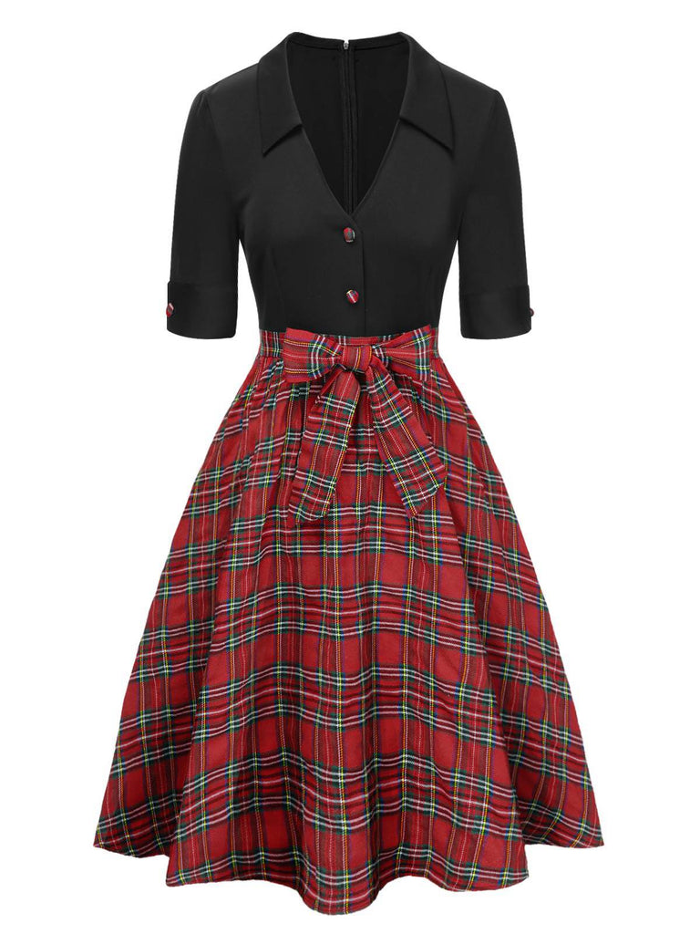 [Prévente] Robe noire à revers patchwork à carreaux nœud papillon des années 1940