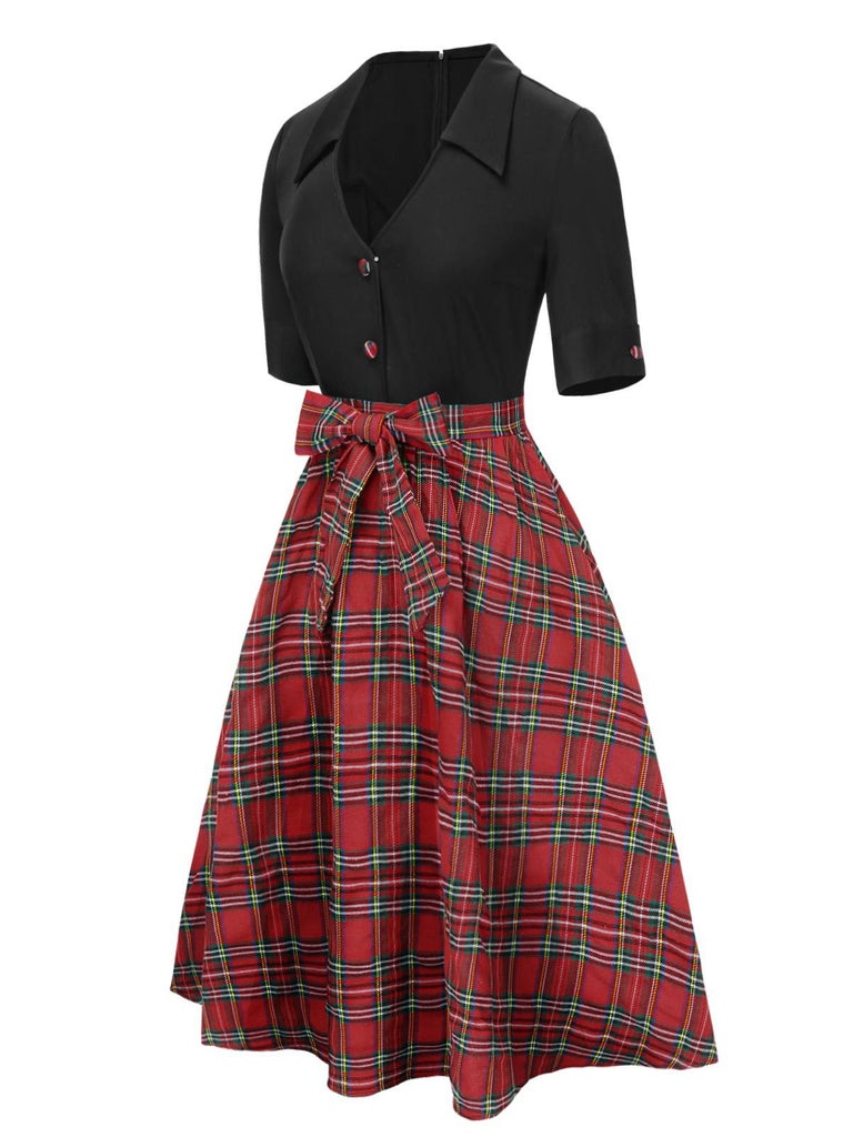 [Prévente] Robe noire à revers patchwork à carreaux nœud papillon des années 1940