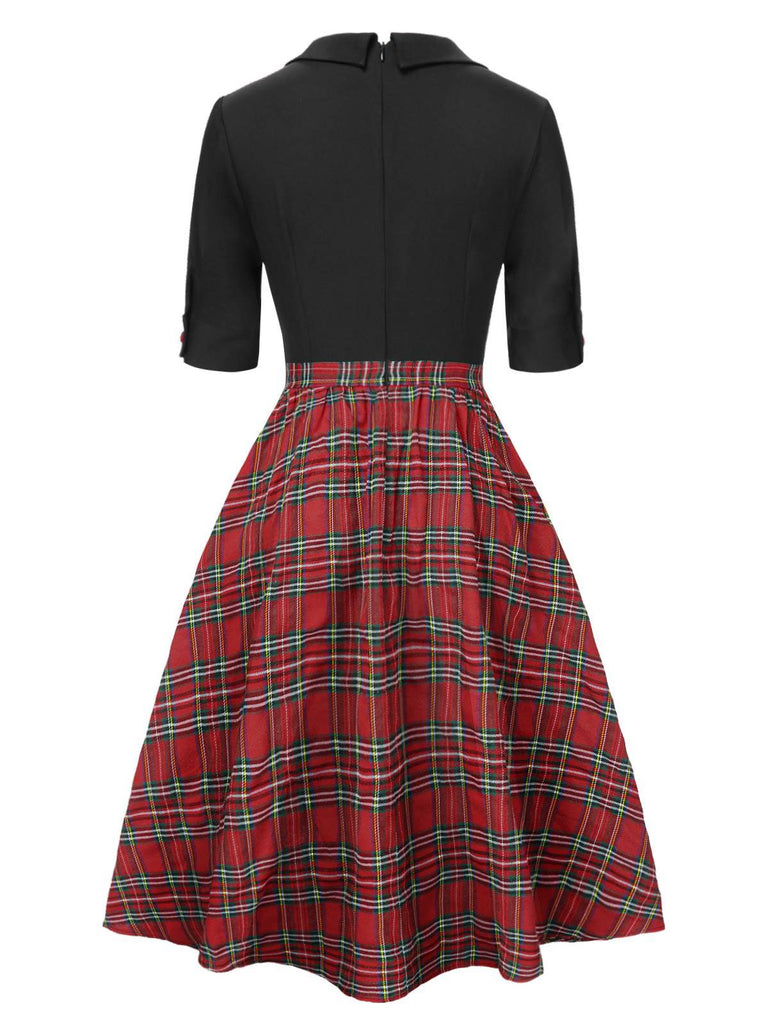 [Prévente] Robe noire à revers patchwork à carreaux nœud papillon des années 1940