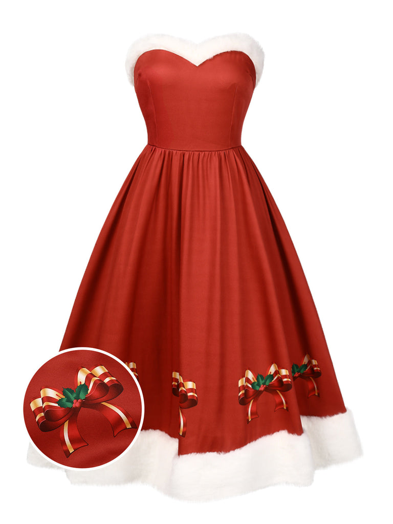 Robe rouge de Noël avec bordure en peluche et nœud des années 1950