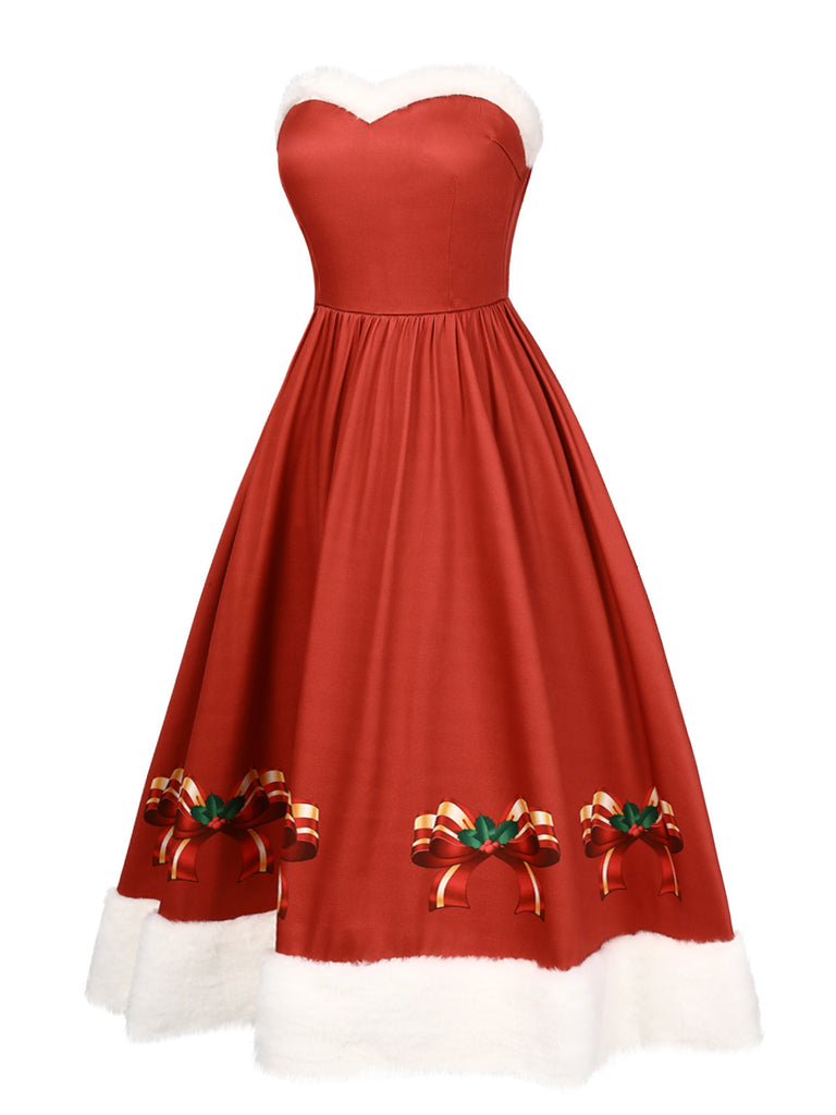 Robe rouge de Noël avec bordure en peluche et nœud des années 1950
