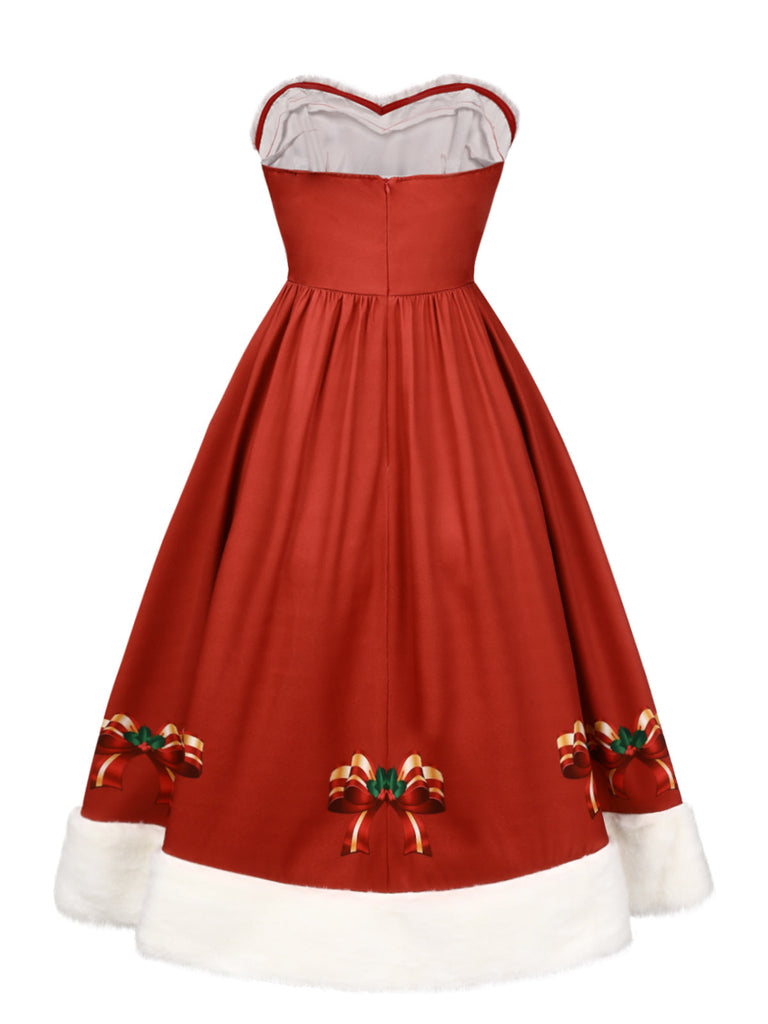 Robe rouge de Noël avec bordure en peluche et nœud des années 1950
